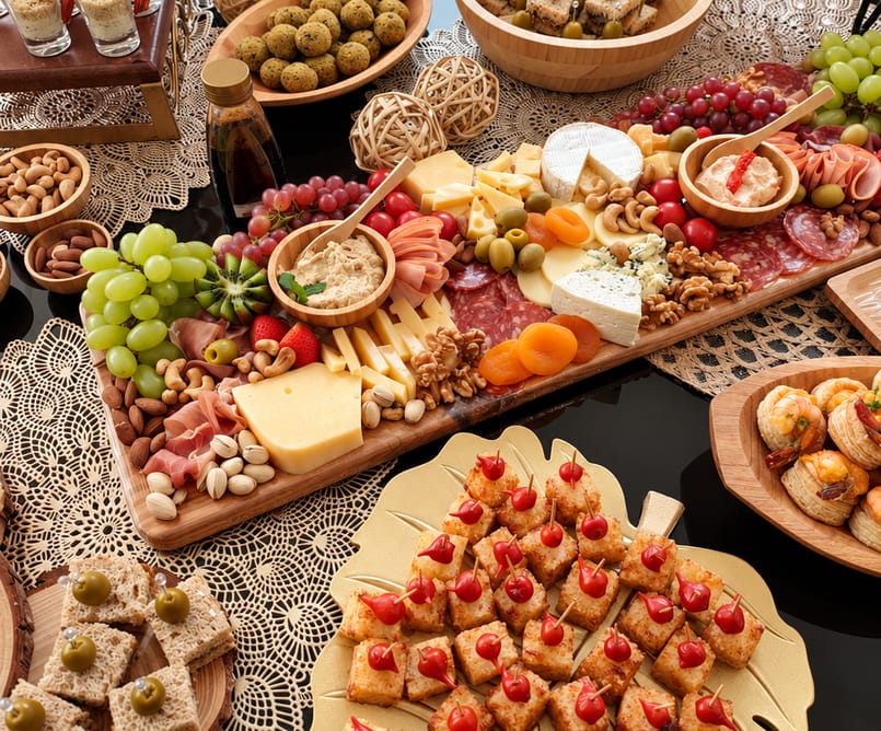 Tábua de frios com queijos, embutidos, uvas e castanhas, ao lado de espetinhos.