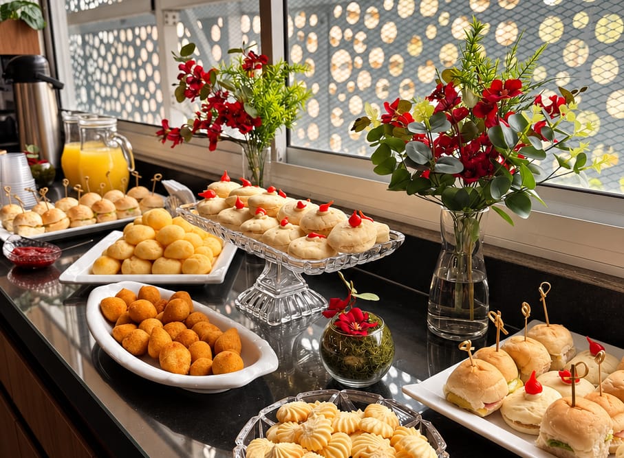 Bancada com salgados, mini sanduíches e suco, decorada com flores vermelhas.