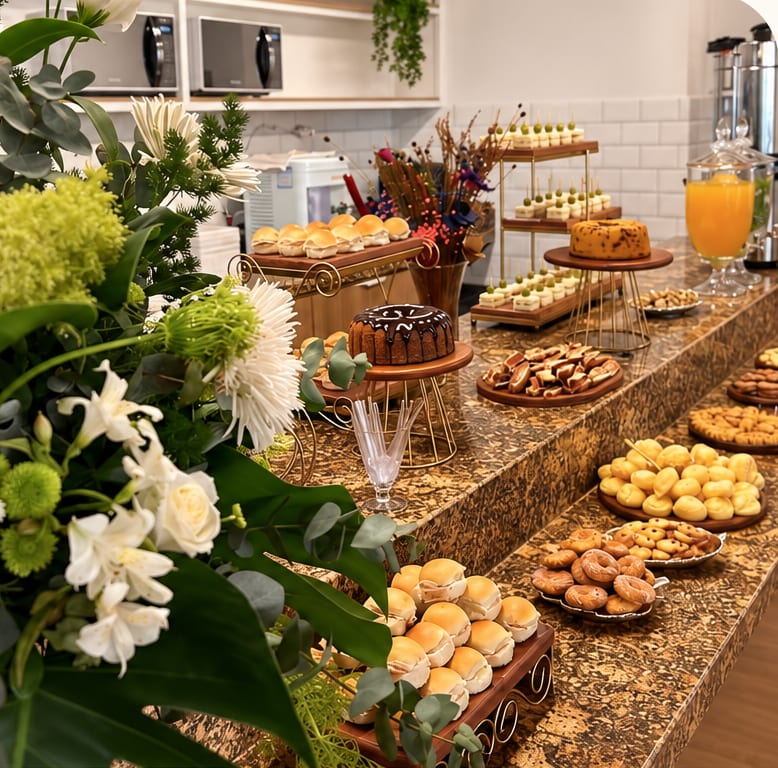 Mesa de coffee break montada pela Fatto, com pães, doces, bolos, sucos e arranjo de flores.